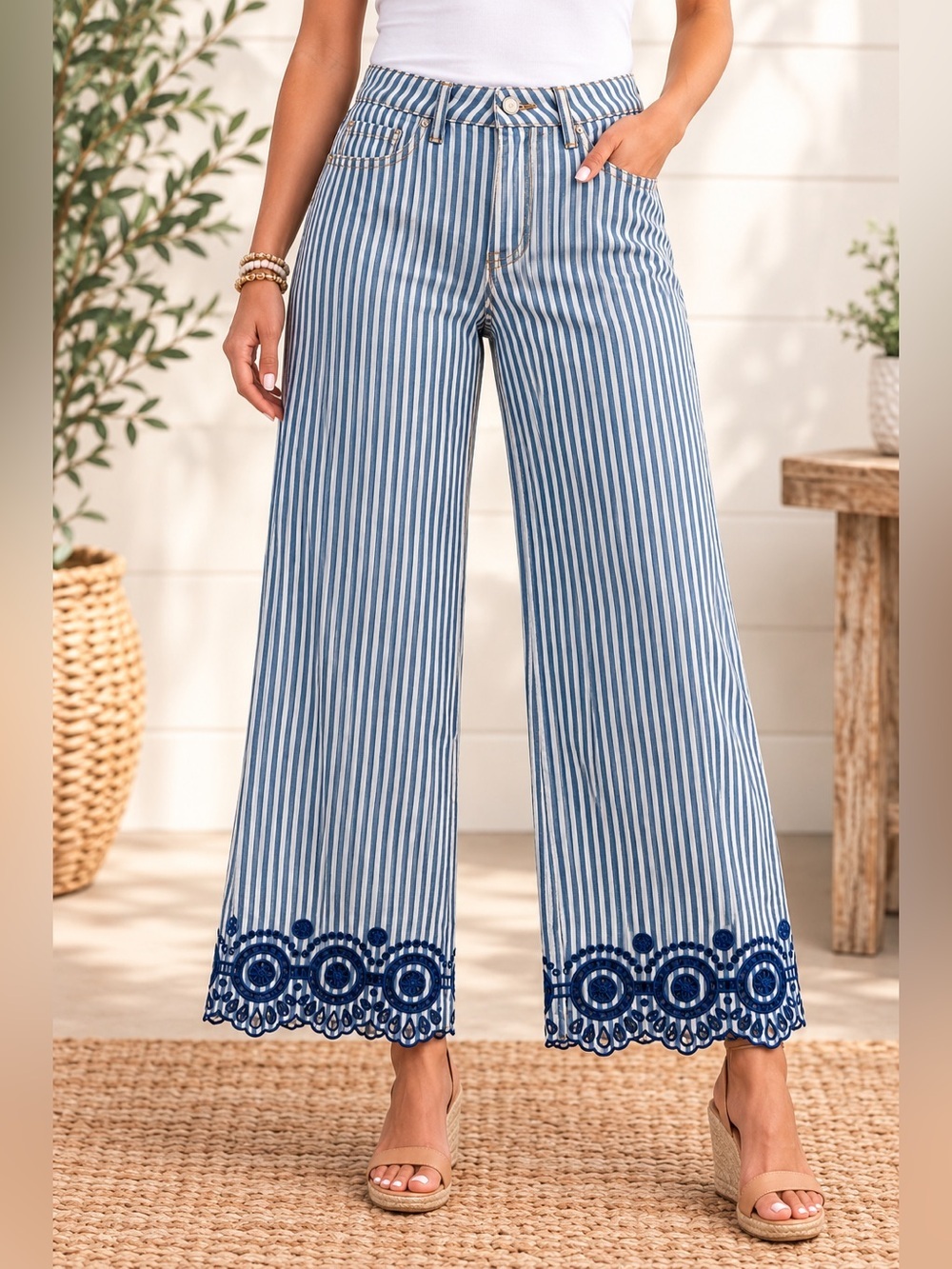 Chico's Blue and White Striped Wide-Leg Crop Pants with Navy Embroidered Hem